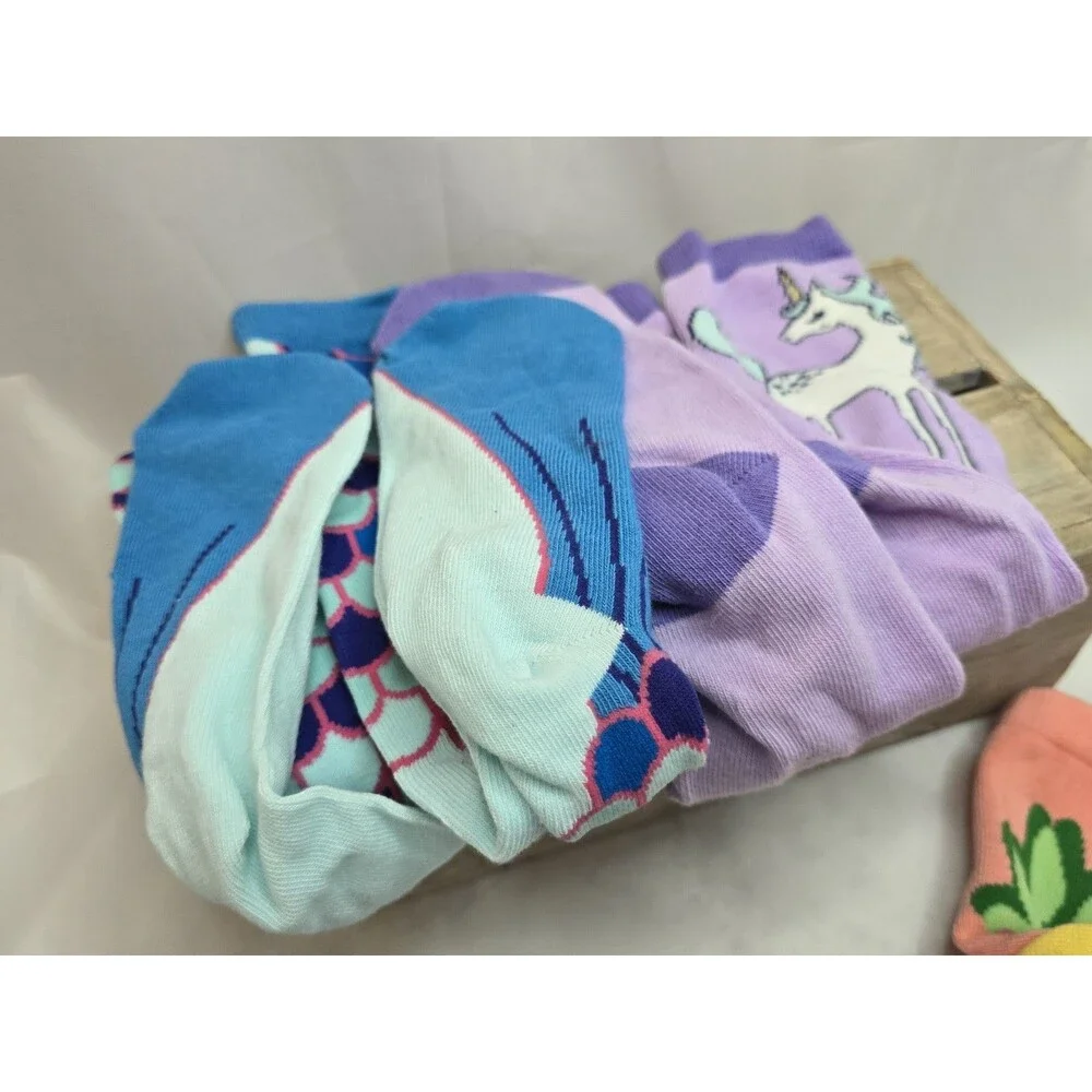Lot of 4 Pairs Girls Crew Socks Owl Mermaid Unicorn Pineapple Medium New